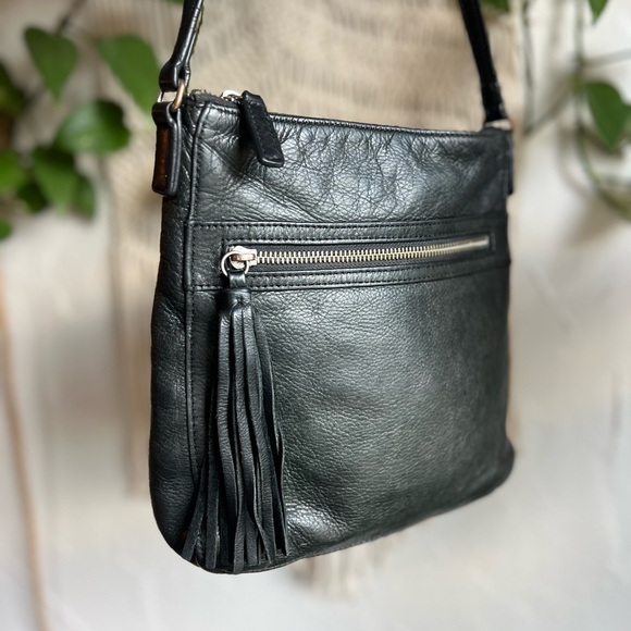 Margot Genuine Leather Black Crossbody Bag Tassel Zip Pebbled Medium - Picture 4 of 11